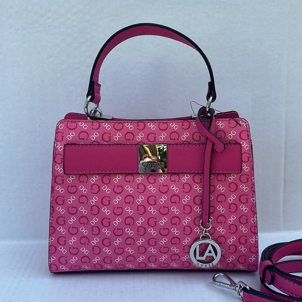 Guess Pink Logo Jacquard Top-Handle Satchel with Gold Hardware